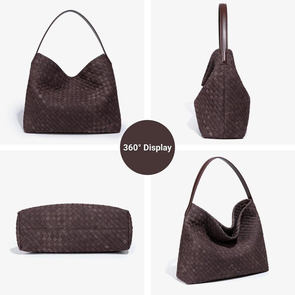 4235 Woven Suede Hobo Bag Trendy Slouchy Shoulder Tote Purse with Leather - Picture 7 of 7